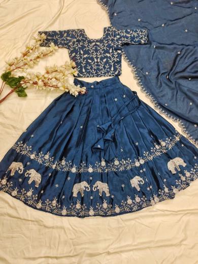 kids lehenga chinon silk Blue Wholesale children clothing supplier in Gujarat